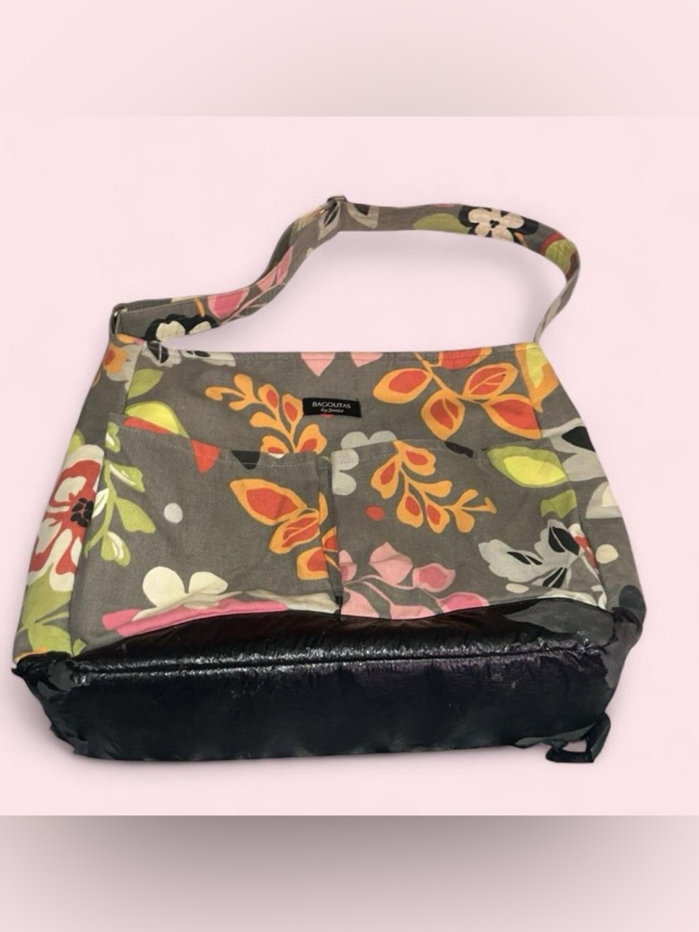 Bagolitas Floral Canvas Shoulder Bag in Gray with Pink & Orange Accents